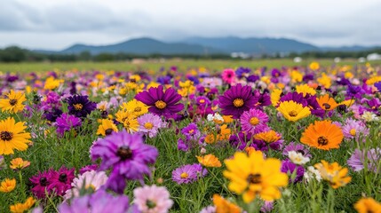 Fototapeta premium Colorful cosmos flowers bloom in a field, mountains in background, nature scene