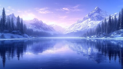 Fototapeta premium MajesticWinterSceneReflectionsOntheWaterSurfaceMountainsandForestsUnderaBleuishSkyinScenicEnvironmentTranquility