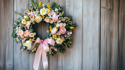 Floral Wreath for Easter Door Decoration, A handmade wreath made of fresh spring flowers and pastel-colored ribbons hanging on a wooden door, symbolizing Easter and new beginnings.