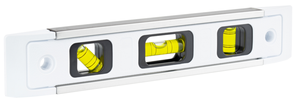 Level. Bubble water level measuring tools. Horizontal water level meter. Degree measure. Equipment, device for construction, renovate room, home, house, condominium, apartment wall. Contractor service