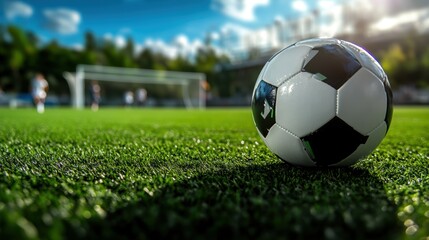 Fototapeta premium Soccer ball on grass lawn. Outdoor activity.