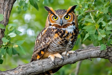 A majestic owl perched on a branch, surrounded by green foliage.
