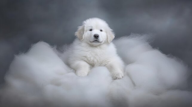 A cute golden retriever puppy sitting on a soft white rug.photorealistic portrait,