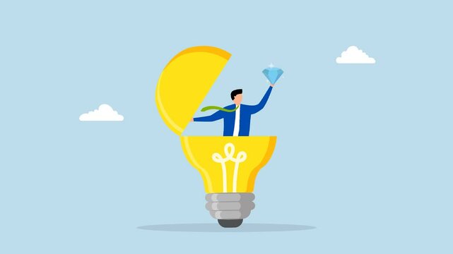 Business value, 4k animation of Entrepreneur uncovers invaluable gem from brilliant lightbulb concept 