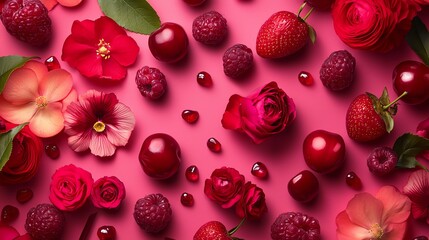Fototapeta premium A vibrant arrangement of red flowers and fruits, including strawberries, raspberries, and roses, set against a pink background, creating a lush, romantic vibe.