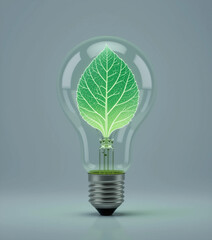 Light Bulb with a Leaf Shape Inside, Glowing in Soft Green Light