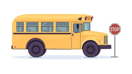 A vibrant yellow school bus parked next to a stop sign, showcasing a classic design perfect for educational themes or transportation concepts.