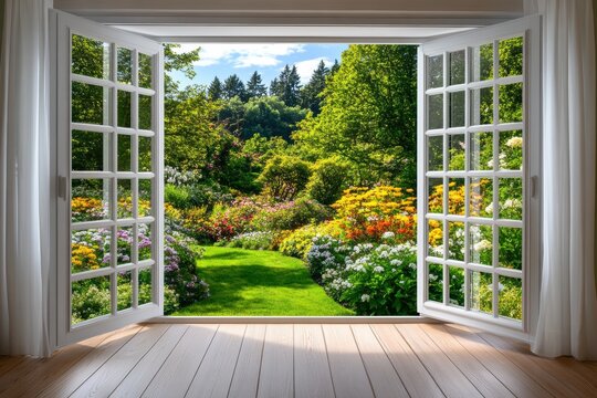 Fototapeta A beautiful garden view through an open window surrounded by vibrant flowers.