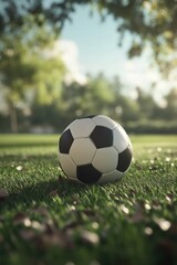 Fototapeta premium Soccer ball on grass lawn. Outdoor activity.