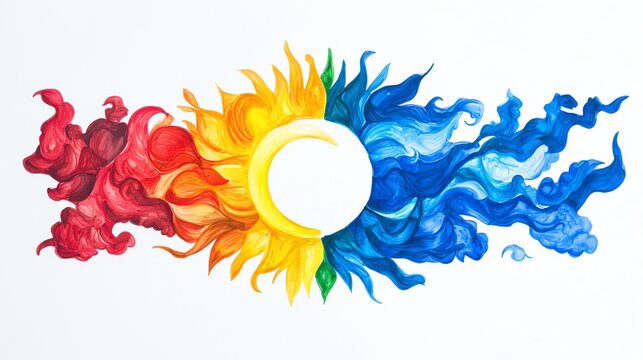 A vibrant, artistic representation of the sun and colorful flames transitioning from red to blue against a white background.