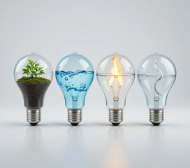 Four Light Bulbs Representing the Four Elements (Earth, Water, Fire, Air)