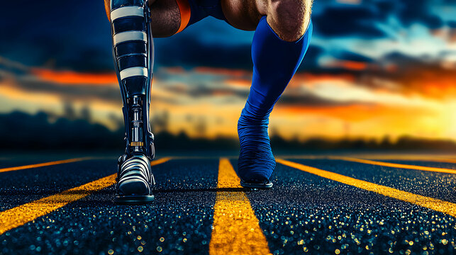 Athlete with prosthetic leg ready to start a race at sunset
