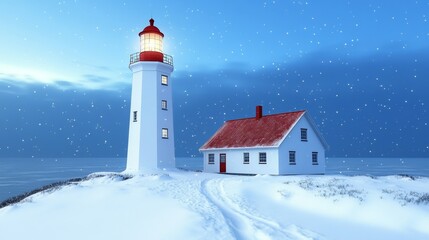 Winterscape Snowy Lighthouse Scene Beacon of Hope Guiding Light Coastal Building White House Tranquil Sea Blue Hour