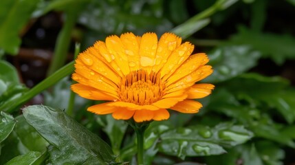 A vibrant marigold flower in full bloom with rich orange petals