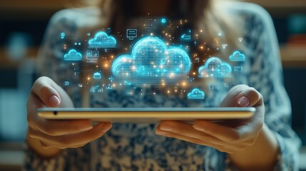 Innovative Woman Engaged with Modern Technology Holding a Tablet Surrounded by a Mystical Cloud of Blue Lights Creating a Captivating and Futuristic Atmosphere of Digital Possibilities