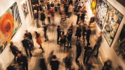 An overhead view of the gallerys opening night showcasing a diverse range of art installations with a blurred sea of patrons mingling sipping drinks and discussing artworks as the atmosphere