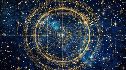 Celestial Navigation Chart with Golden Constellations on a Deep Blue Background