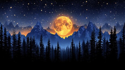 Fototapeta premium Serene Mountainscape with Golden Full Moon and Starry Night Sky Nature Scenery Wallpaper Background for Digital Arts 4k Resolution