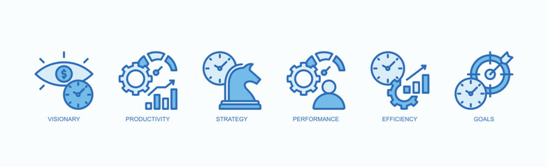 Success Metrics Icon Set Icon Set Isolated Vector Illustration Concept With Icon Of Visionary, Productivity, Strategy, Performance, Efficiency, Goals In Blue Style
