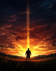 Fototapeta premium A silhouette of a figure stands in a field, gazing at a vibrant sunset, with a beam of light piercing through the dramatic clouds.