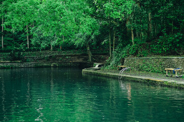Fototapeta premium Natural pool located in the densely forested mountains of Indonesia with a natural turquoise pool in the middle of the forest.