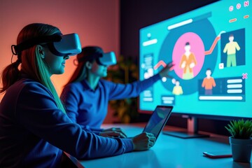 Two women engaged in an immersive virtual reality experience, using VR headsets while interacting with data displayed on a large screen in a modern office setting.