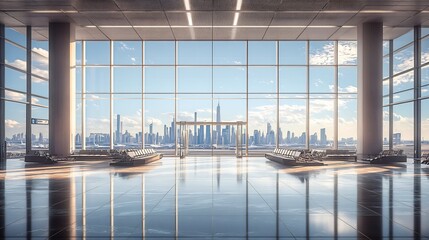 Airport Departure Lounge: Modern Architecture and City Skyline View