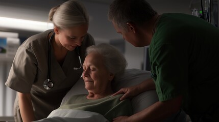 Compassionate Care: A senior woman receives tender care from a nurse and a loved one in a dimly lit hospital room, creating a poignant scene of empathy and support. 