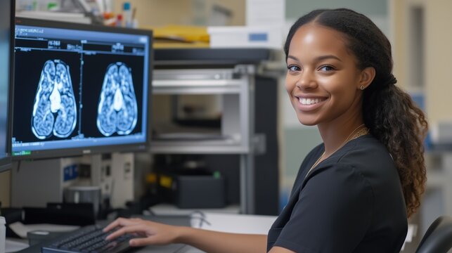 Confident Healthcare Professional: A smiling young woman in a healthcare uniform, sits at a computer, reviewing medical images with a confident and positive expression.