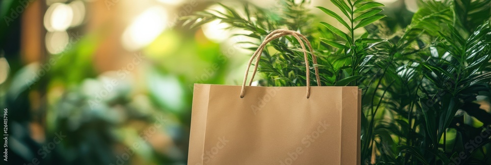 Poster eco friendly paper bag displayed among vibrant green plants in a natural setting inviting creative t