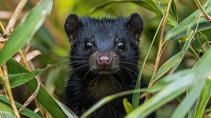 Close-up of a curious black animal peeking through lush green foliage in a natural habitat