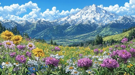 Obraz premium Majesticmountainpeakscapedwithcolorfulwildflowermeadowintranquilscenebeautifulnaturalscenerypeacefulenvironment