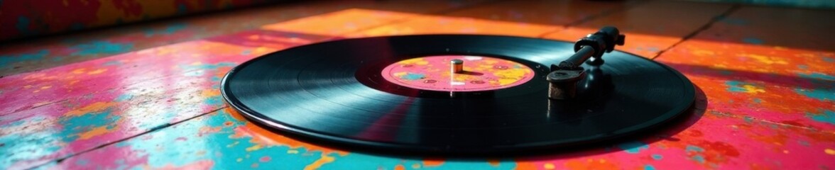 Painted pop art vinyl records sliding on the floor, modern, artistic, abstract