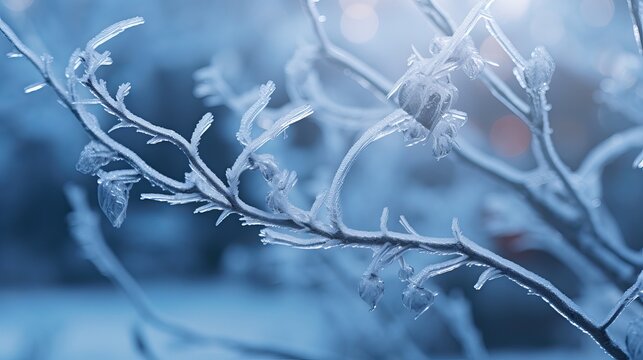 Icy twigs encased in frost with a soft winter background showcase delicate frozen details, creating a beautiful close-up nature scene ideal for macro photography and artistic winter-themed composition - Powered by Adobe
