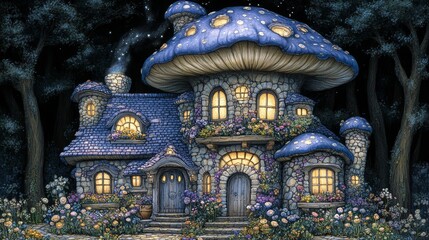 Fototapeta premium Enchanted Mushroom Home Glowing Warmly in Twilight Forest A Whimsical Abode of Fantasy and Dreamy Escapism Inspiring Imagination