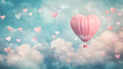 Obraz premium Pink Heart-Shaped Hot Air Balloon in Sky with Hearts