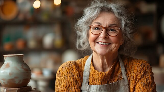 Happy Senior Woman Potter in Her Workshop