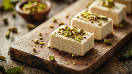 Closeup of delicious Sesame halva with pistachios on a wooden table.