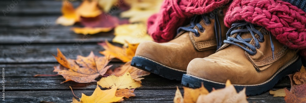 Poster cozy autumn boots resting on a wooden surface surrounded by colorful fallen leaves. generative ai