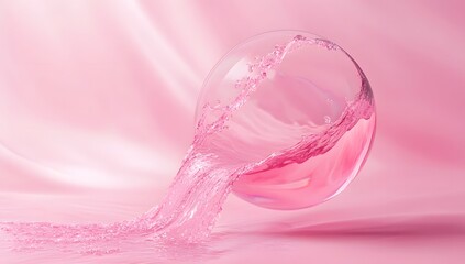 Pink liquid cascading from glass sphere on pink fabric