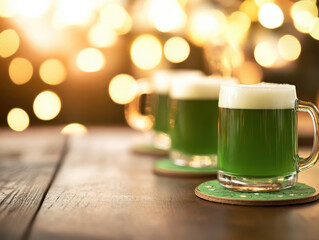 Fototapeta premium Refreshing green cocktails in glasses on wooden table, with warm bokeh background creating festive atmosphere