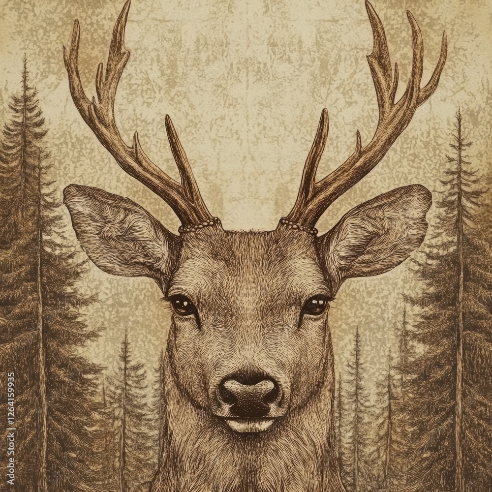 Fototapete intricate engraved portrait of a deer showcasing detailed line work in sepia tones with space for cu