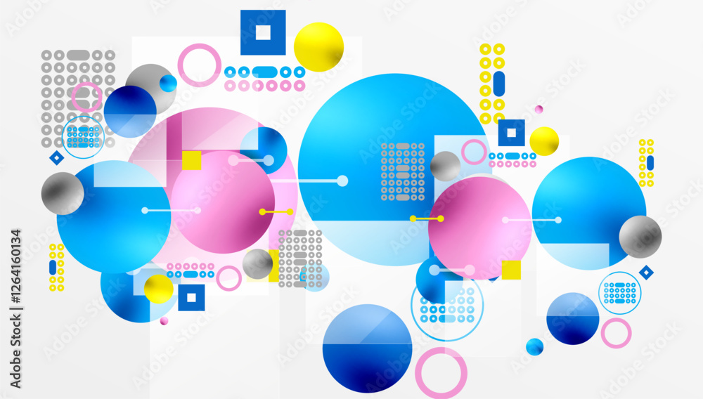 Poster Minimalistic abstract vector design, layered geometric shapes circles, squares, and triangles with soft pastel gradients and semi-transparent effects. Perfect for contemporary use