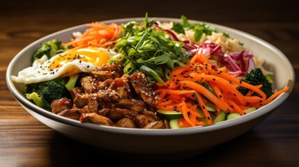 A colorful Korean dish with mixed vegetables and meat.