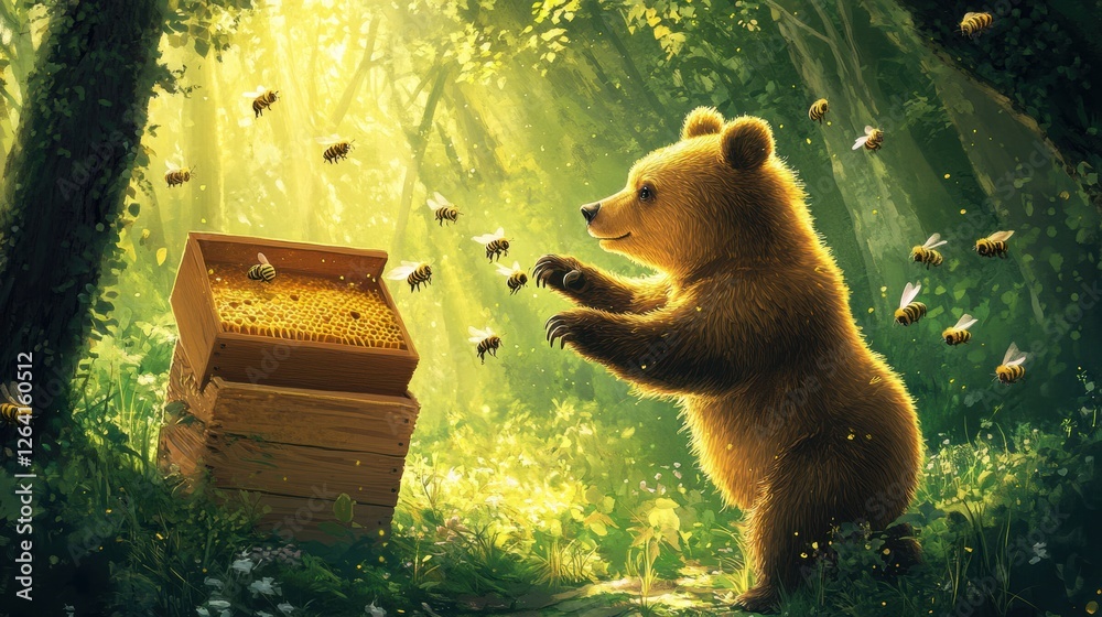 Aufkleber Curious bear approaches a beehive in a sunlit forest filled with gentle buzzing bees during a warm afternoon. Generative AI