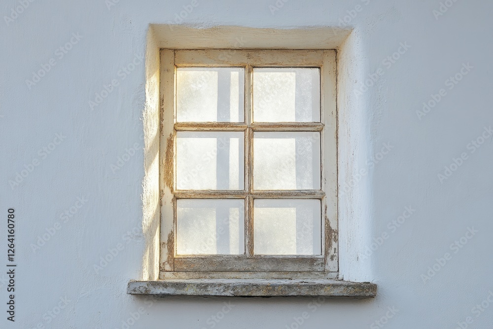 Poster Distressed six pane window set in a bright white wall