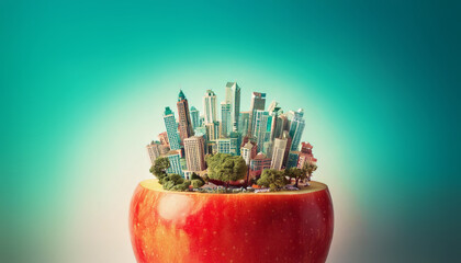 City with skyscrapers in the apple fruit concept