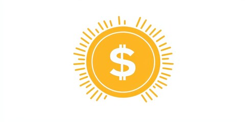 Naklejka premium A vibrant yellow circle, centered with a white dollar sign pointing right, encircled by radiant sunburst rays—a symbol of prosperity and radiance. (148 characters)