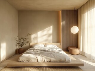Serene bedroom featuring minimalist design neutral color palette and sunlight