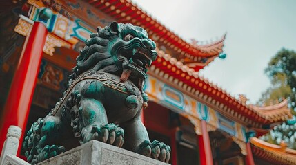 A detailed Chinese lion statue guarding a temple entrance. Copy space.